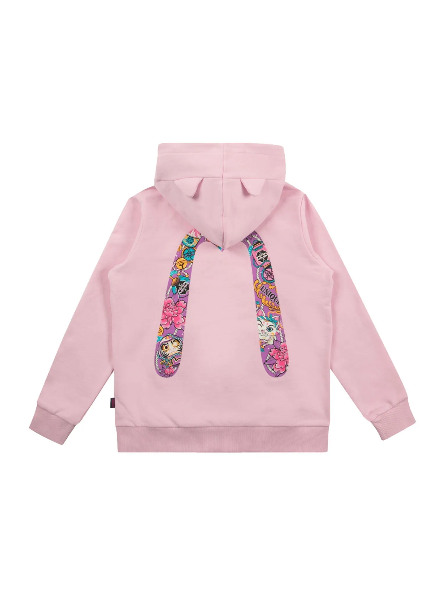 Fortune Cat and Daruma Daicock Print Regular Fit Zip-Up Hoodie