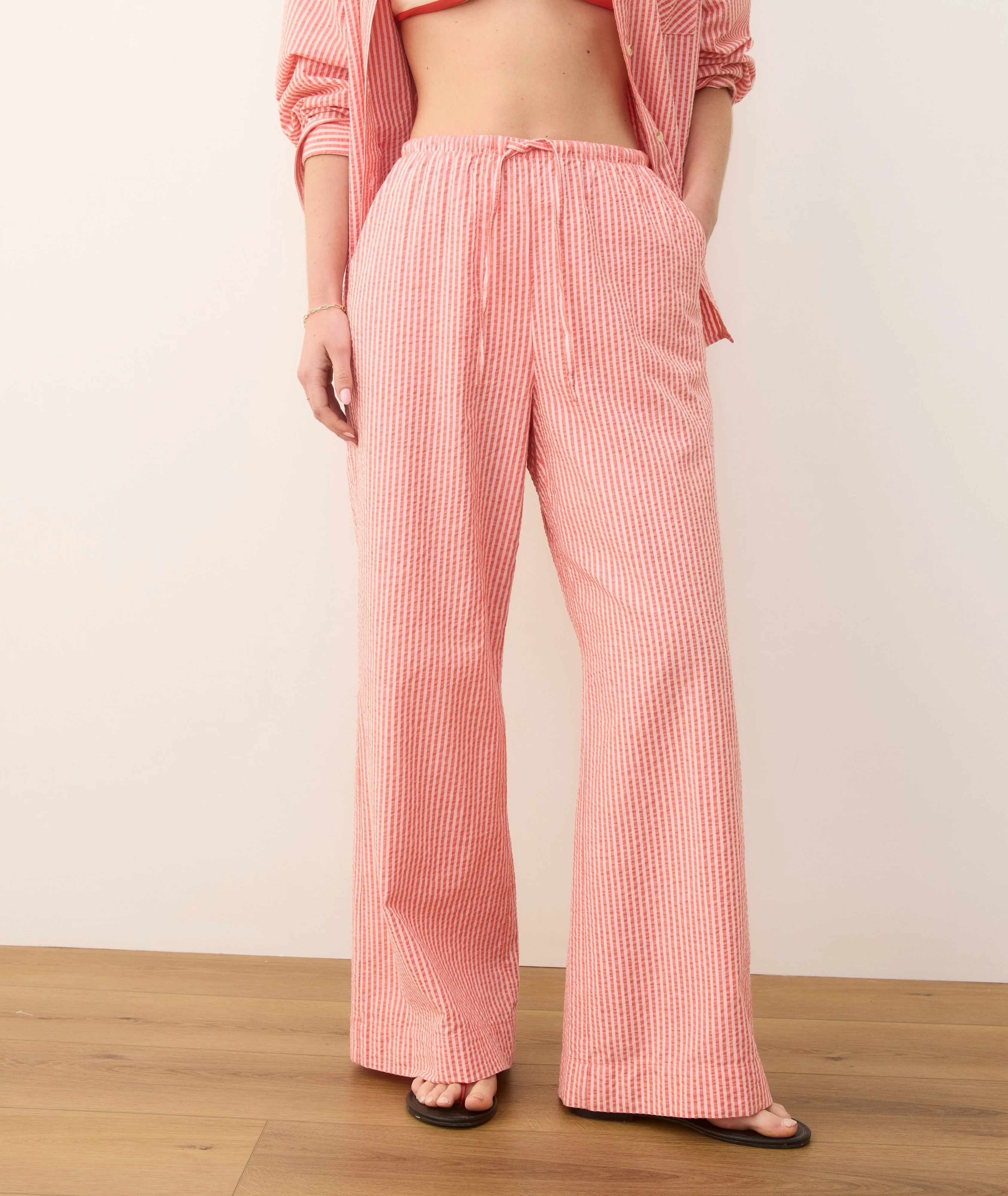 Seersucker Drawstring Wide Leg Pant