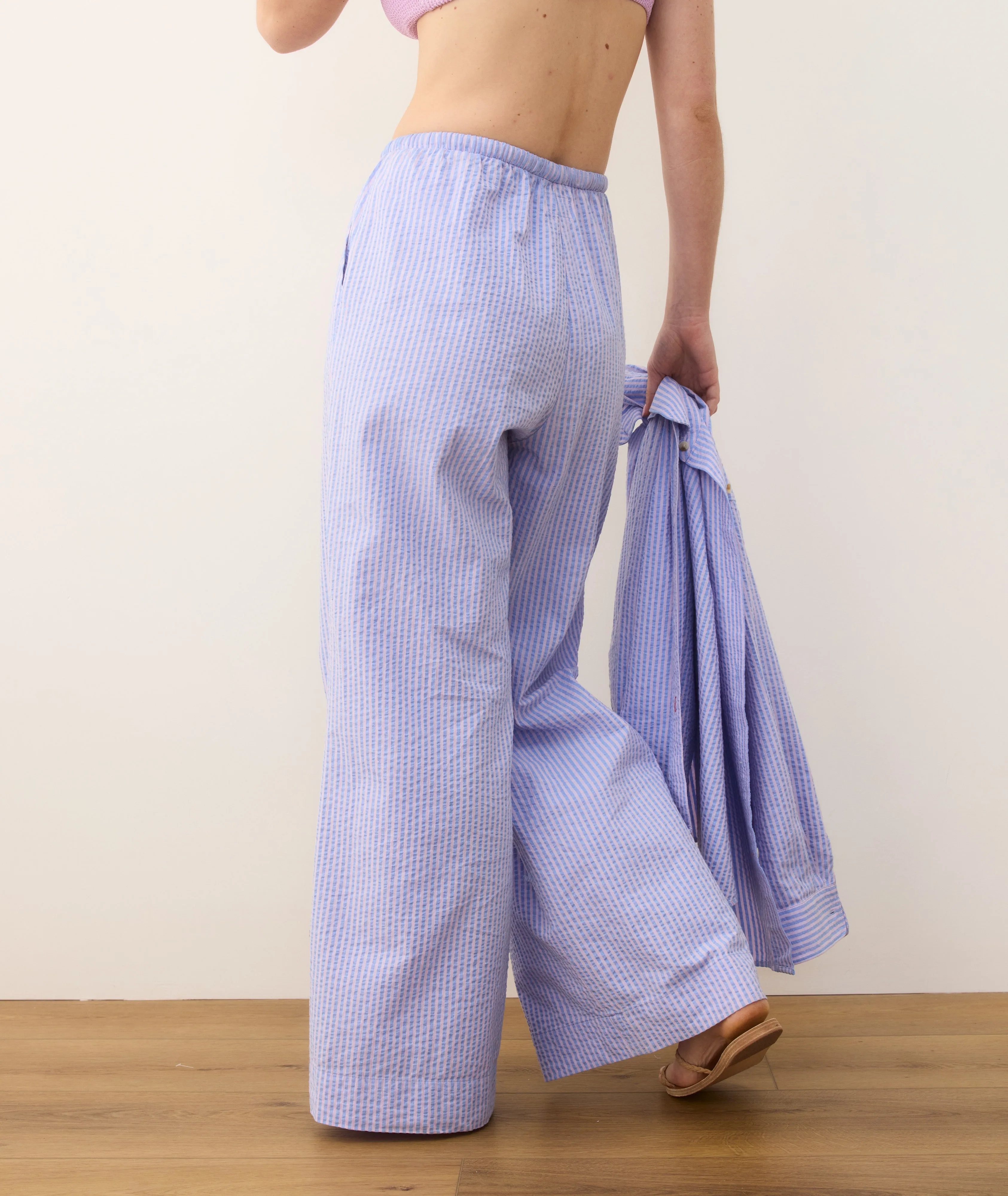 Seersucker Drawstring Wide Leg Pant