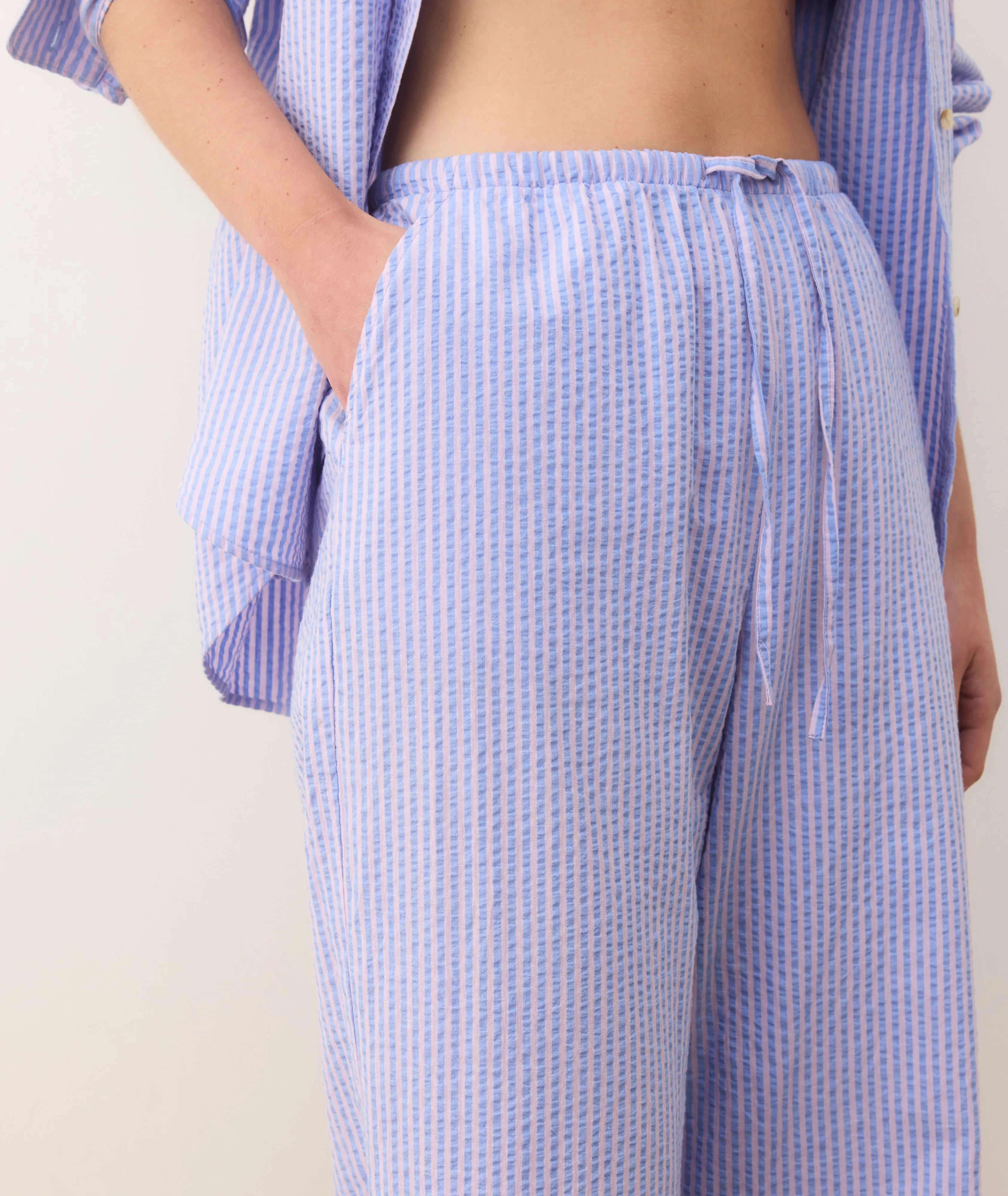 Seersucker Drawstring Wide Leg Pant