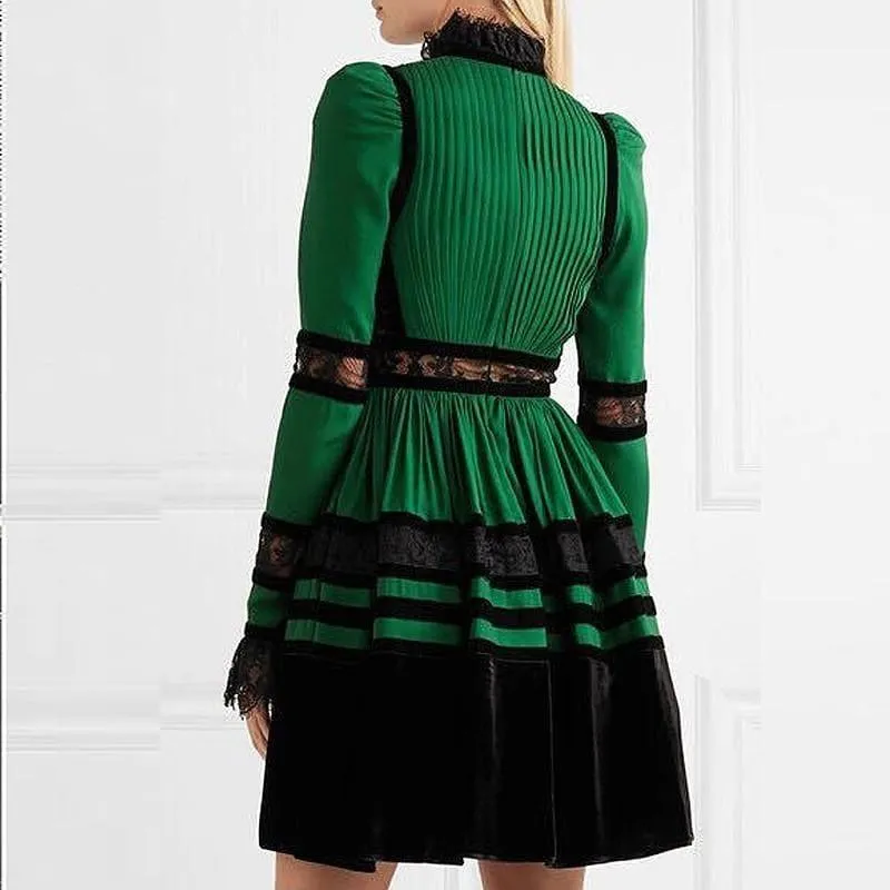 Velvet Chiffon Long Sleeve Sexy Lace Mini Dress