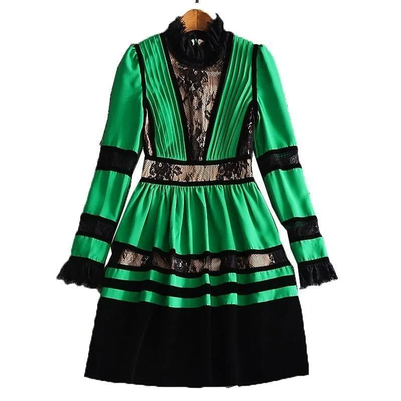 Velvet Chiffon Long Sleeve Sexy Lace Mini Dress