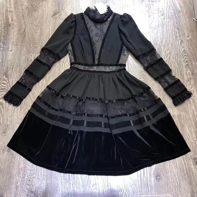 Velvet Chiffon Long Sleeve Sexy Lace Mini Dress